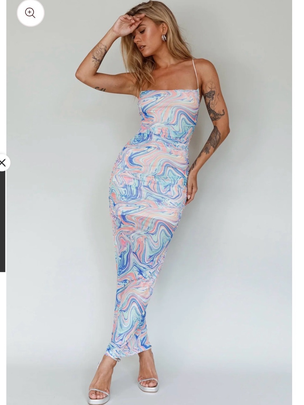 Sleeveless Marble-Print Slip Dress in Pastel Multi